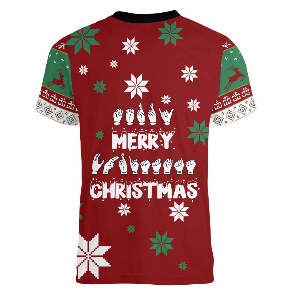 Sign Language Merry Christmas Women V-Neck T-Shirt Xmas Holiday Patterns - Wonder Print Shop