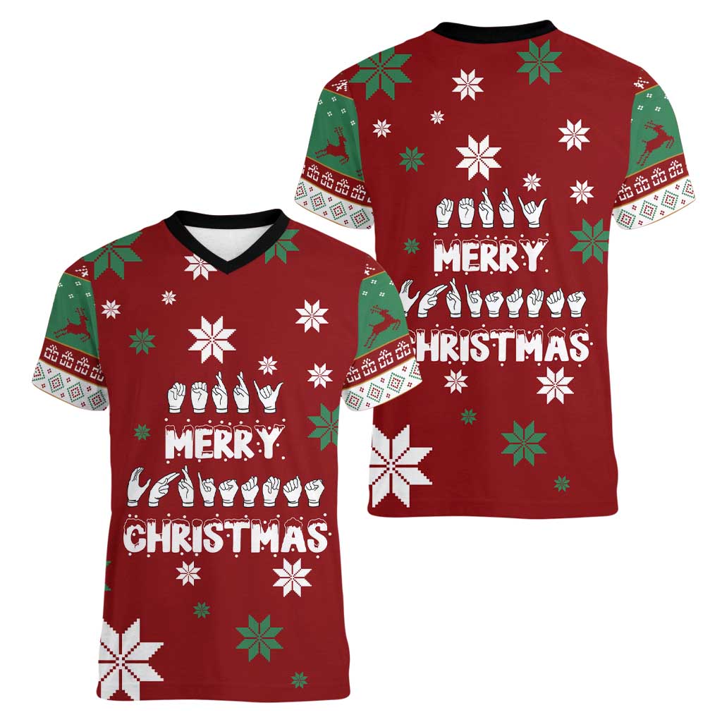 Sign Language Merry Christmas Women V-Neck T-Shirt Xmas Holiday Patterns - Wonder Print Shop
