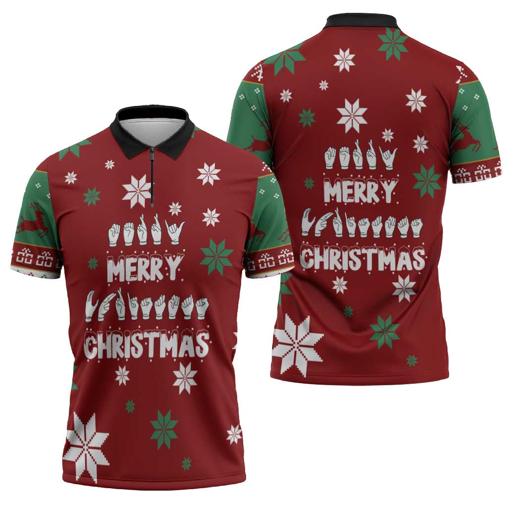 Sign Language Merry Christmas Zipper Polo Shirt Xmas Holiday Patterns - Wonder Print Shop