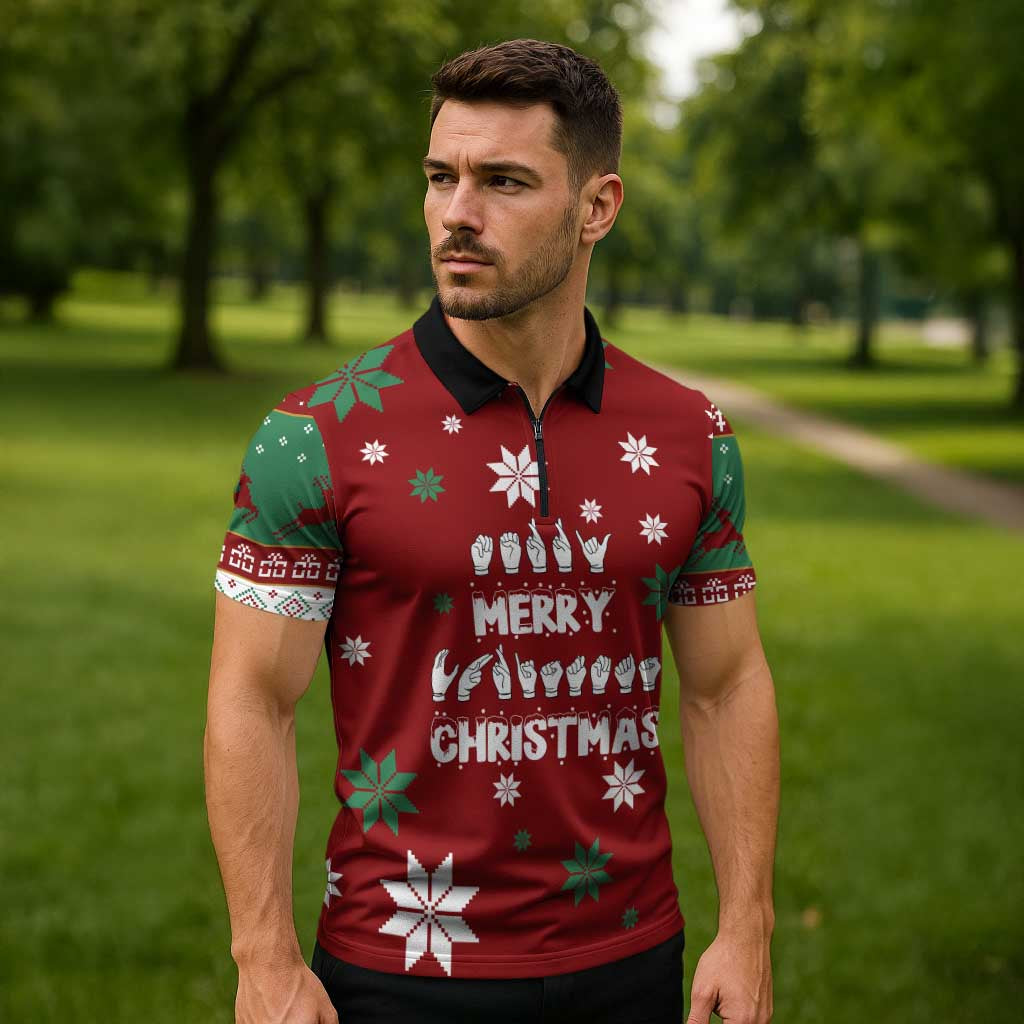 Sign Language Merry Christmas Zipper Polo Shirt Xmas Holiday Patterns - Wonder Print Shop