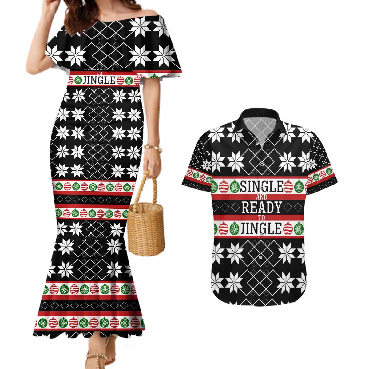 Single Ready To Jingle Christmas Couples Matching Mermaid Dress and Hawaiian Shirt Xmas Holiday Patterns - Wonder Print Shop