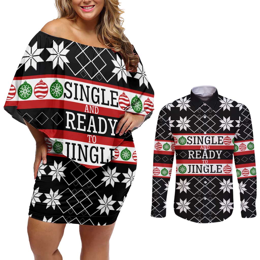 Single Ready To Jingle Christmas Couples Matching Off Shoulder Short Dress and Long Sleeve Button Shirt Xmas Holiday Patterns - Wonder Print Shop