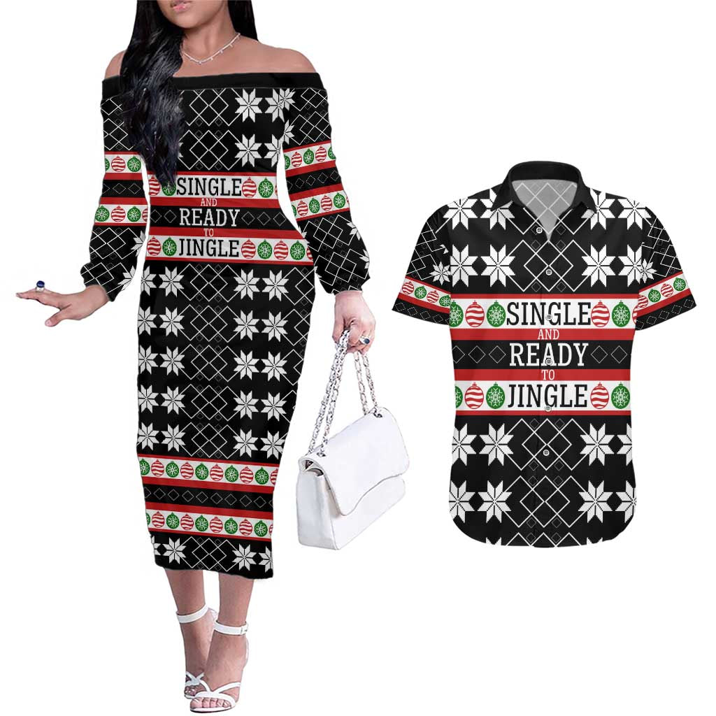 Single Ready To Jingle Christmas Couples Matching Off The Shoulder Long Sleeve Dress and Hawaiian Shirt Xmas Holiday Patterns - Wonder Print Shop