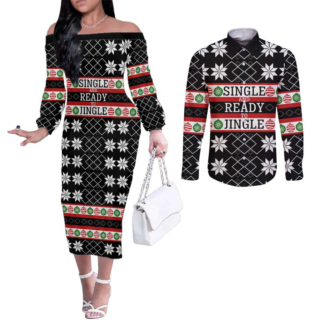 Single Ready To Jingle Christmas Couples Matching Off The Shoulder Long Sleeve Dress and Long Sleeve Button Shirt Xmas Holiday Patterns - Wonder Print Shop