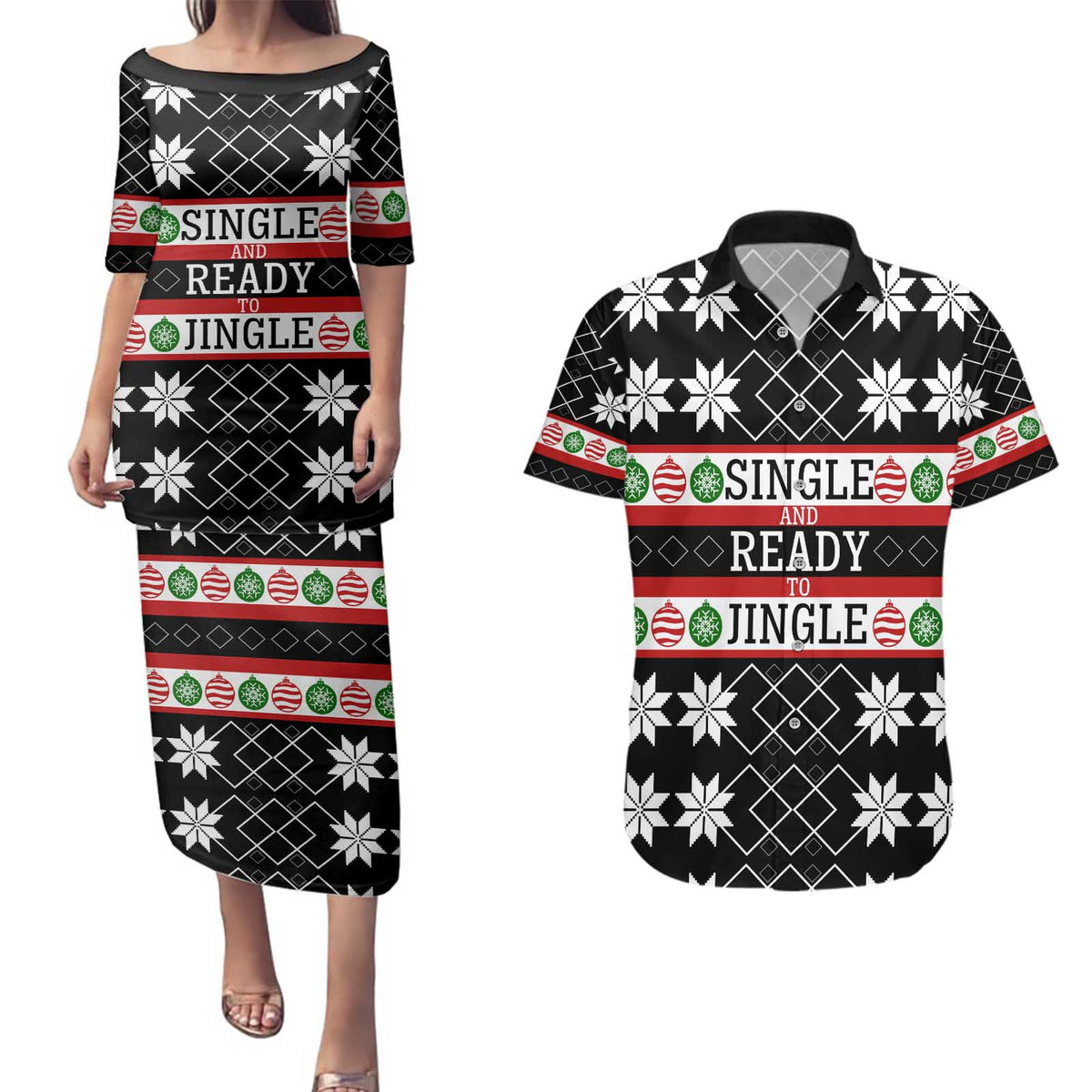 Single Ready To Jingle Christmas Couples Matching Puletasi and Hawaiian Shirt Xmas Holiday Patterns - Wonder Print Shop