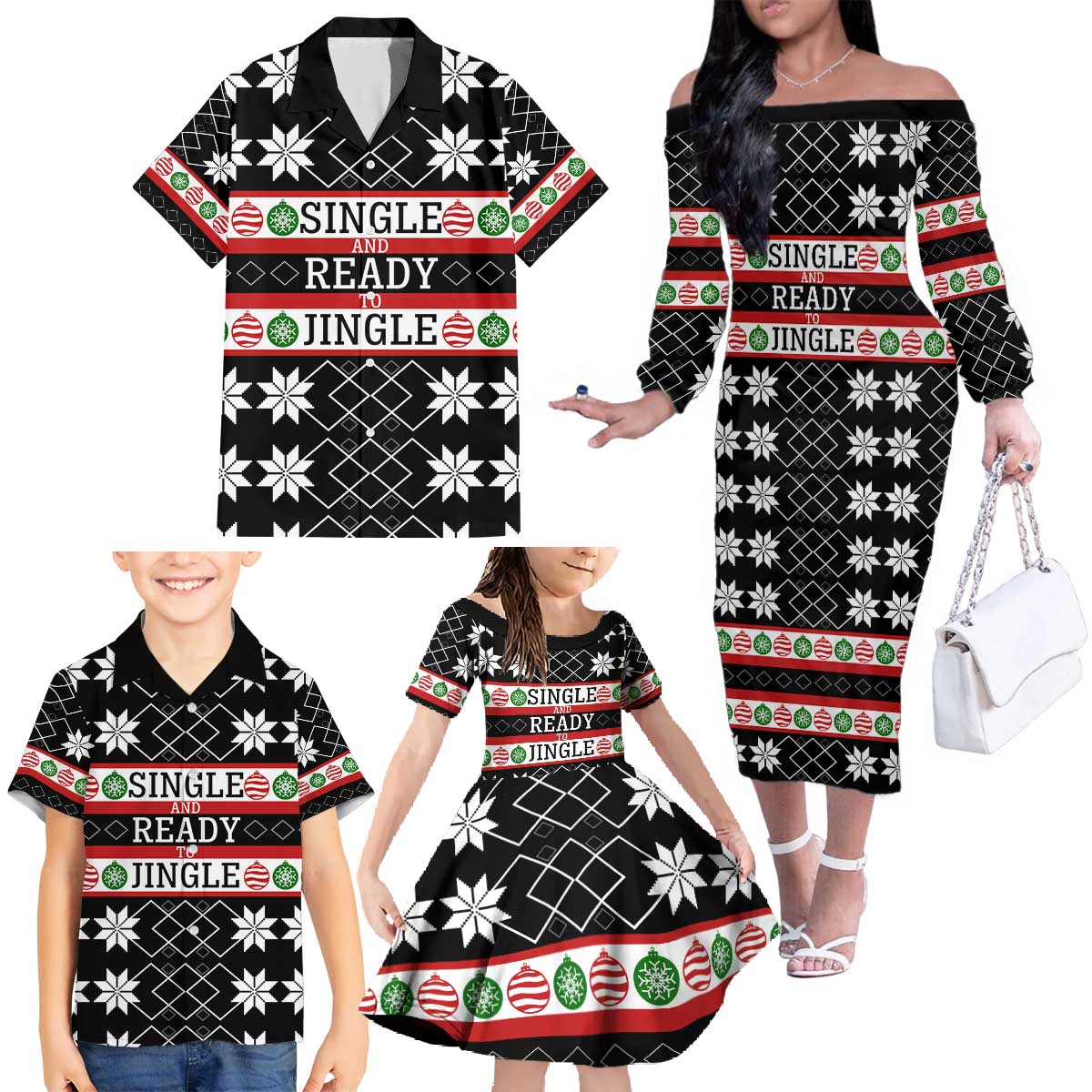 Single Ready To Jingle Christmas Family Matching Off The Shoulder Long Sleeve Dress and Hawaiian Shirt Xmas Holiday Patterns - Wonder Print Shop