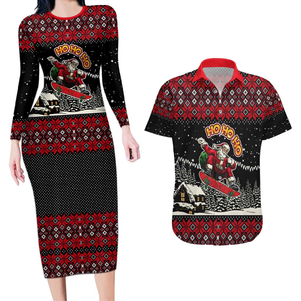 Skater Santa Claus Ho Ho Ho Christmas Couples Matching Long Sleeve Bodycon Dress and Hawaiian Shirt Xmas Holiday Patterns - Wonder Print Shop