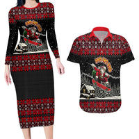 Skater Santa Claus Ho Ho Ho Christmas Couples Matching Long Sleeve Bodycon Dress and Hawaiian Shirt Xmas Holiday Patterns - Wonder Print Shop