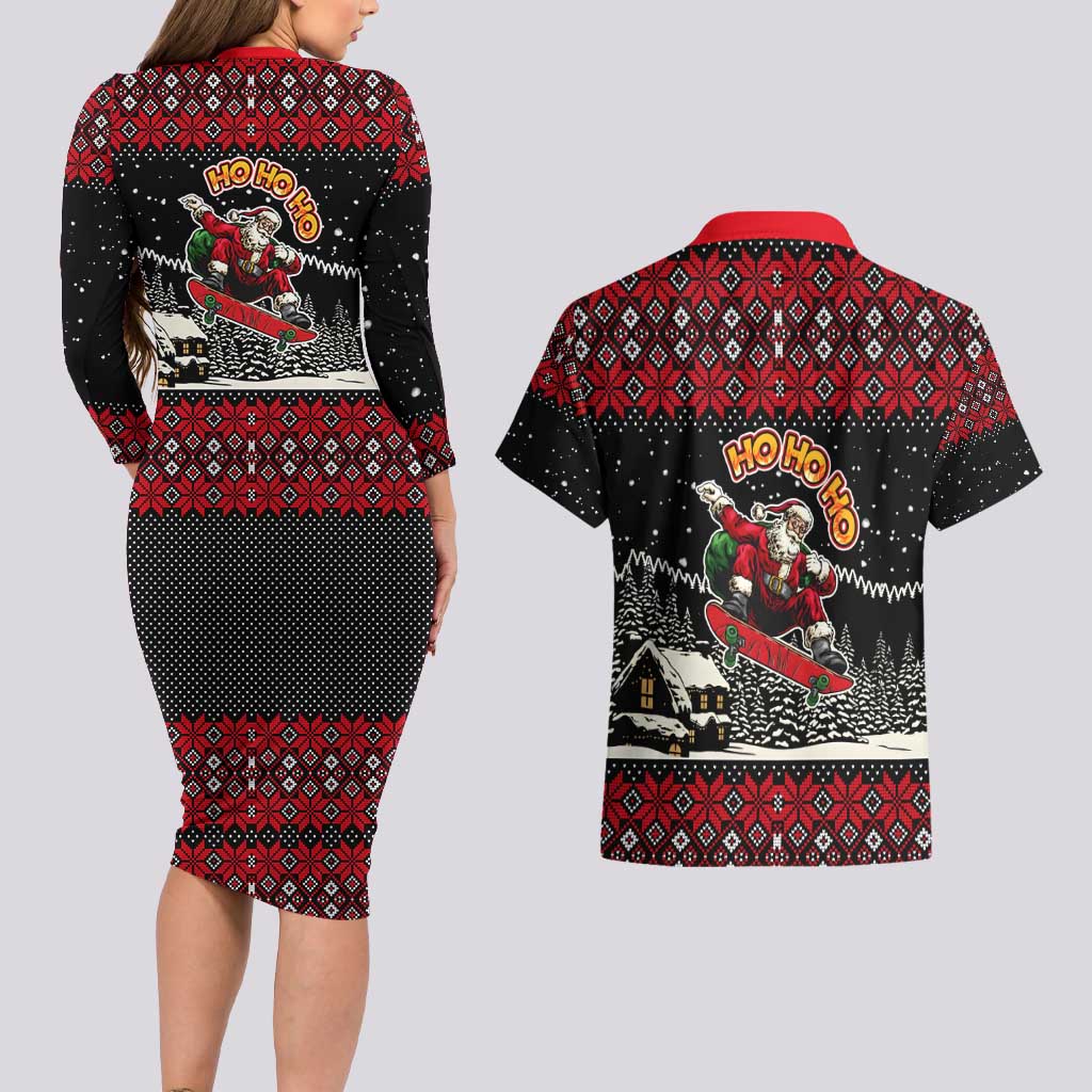 Skater Santa Claus Ho Ho Ho Christmas Couples Matching Long Sleeve Bodycon Dress and Hawaiian Shirt Xmas Holiday Patterns - Wonder Print Shop