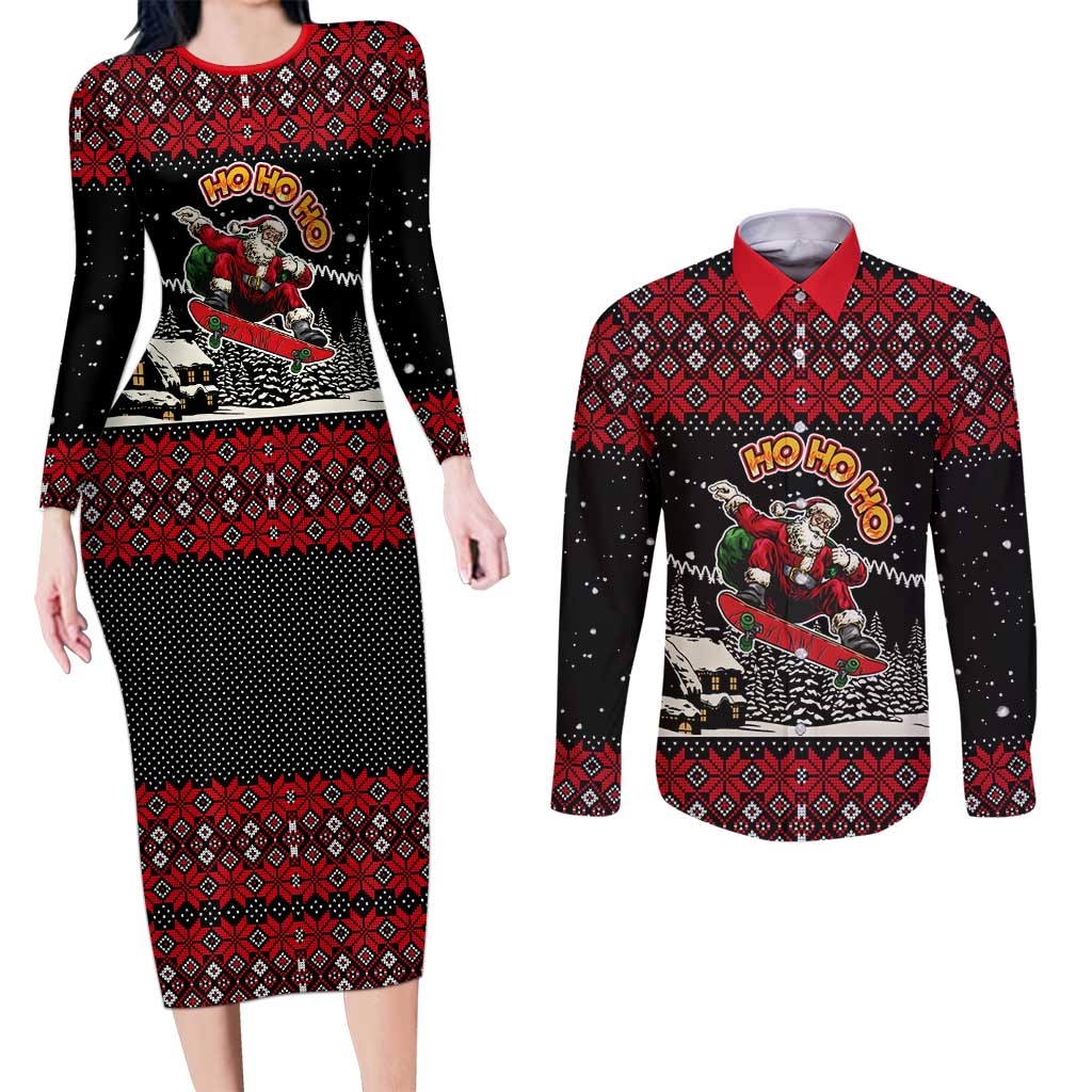 Skater Santa Claus Ho Ho Ho Christmas Couples Matching Long Sleeve Bodycon Dress and Long Sleeve Button Shirt Xmas Holiday Patterns - Wonder Print Shop