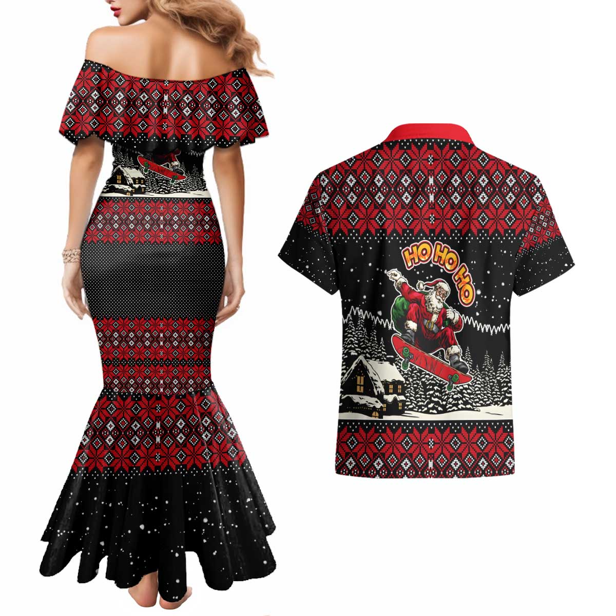 Skater Santa Claus Ho Ho Ho Christmas Couples Matching Mermaid Dress and Hawaiian Shirt Xmas Holiday Patterns - Wonder Print Shop
