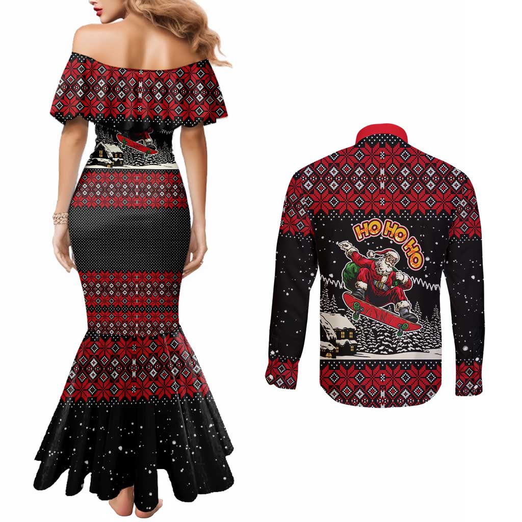 Skater Santa Claus Ho Ho Ho Christmas Couples Matching Mermaid Dress and Long Sleeve Button Shirt Xmas Holiday Patterns - Wonder Print Shop