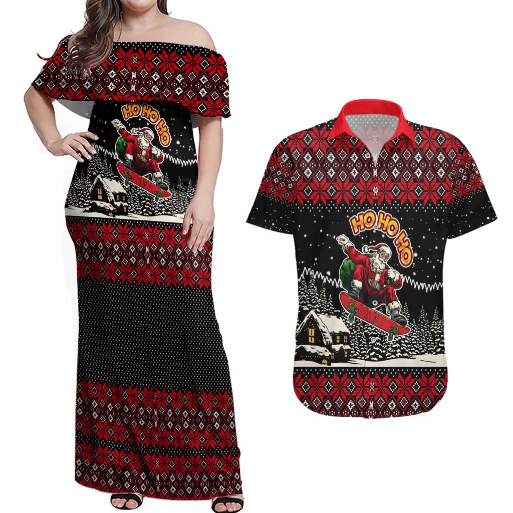 Skater Santa Claus Ho Ho Ho Christmas Couples Matching Off Shoulder Maxi Dress and Hawaiian Shirt Xmas Holiday Patterns - Wonder Print Shop