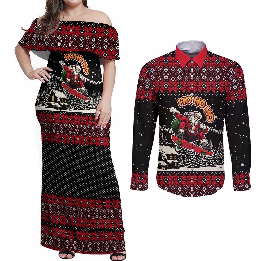 Skater Santa Claus Ho Ho Ho Christmas Couples Matching Off Shoulder Maxi Dress and Long Sleeve Button Shirt Xmas Holiday Patterns - Wonder Print Shop