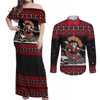 Skater Santa Claus Ho Ho Ho Christmas Couples Matching Off Shoulder Maxi Dress and Long Sleeve Button Shirt Xmas Holiday Patterns - Wonder Print Shop