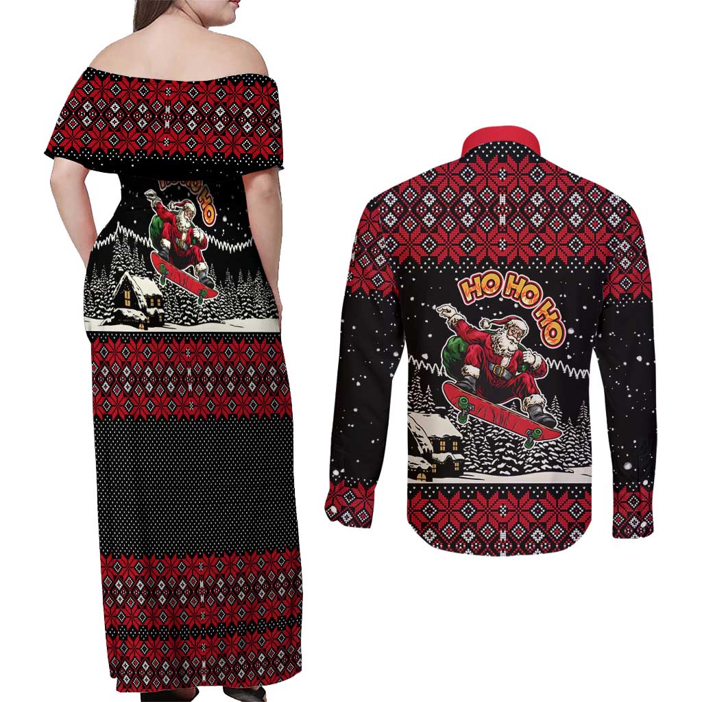 Skater Santa Claus Ho Ho Ho Christmas Couples Matching Off Shoulder Maxi Dress and Long Sleeve Button Shirt Xmas Holiday Patterns - Wonder Print Shop
