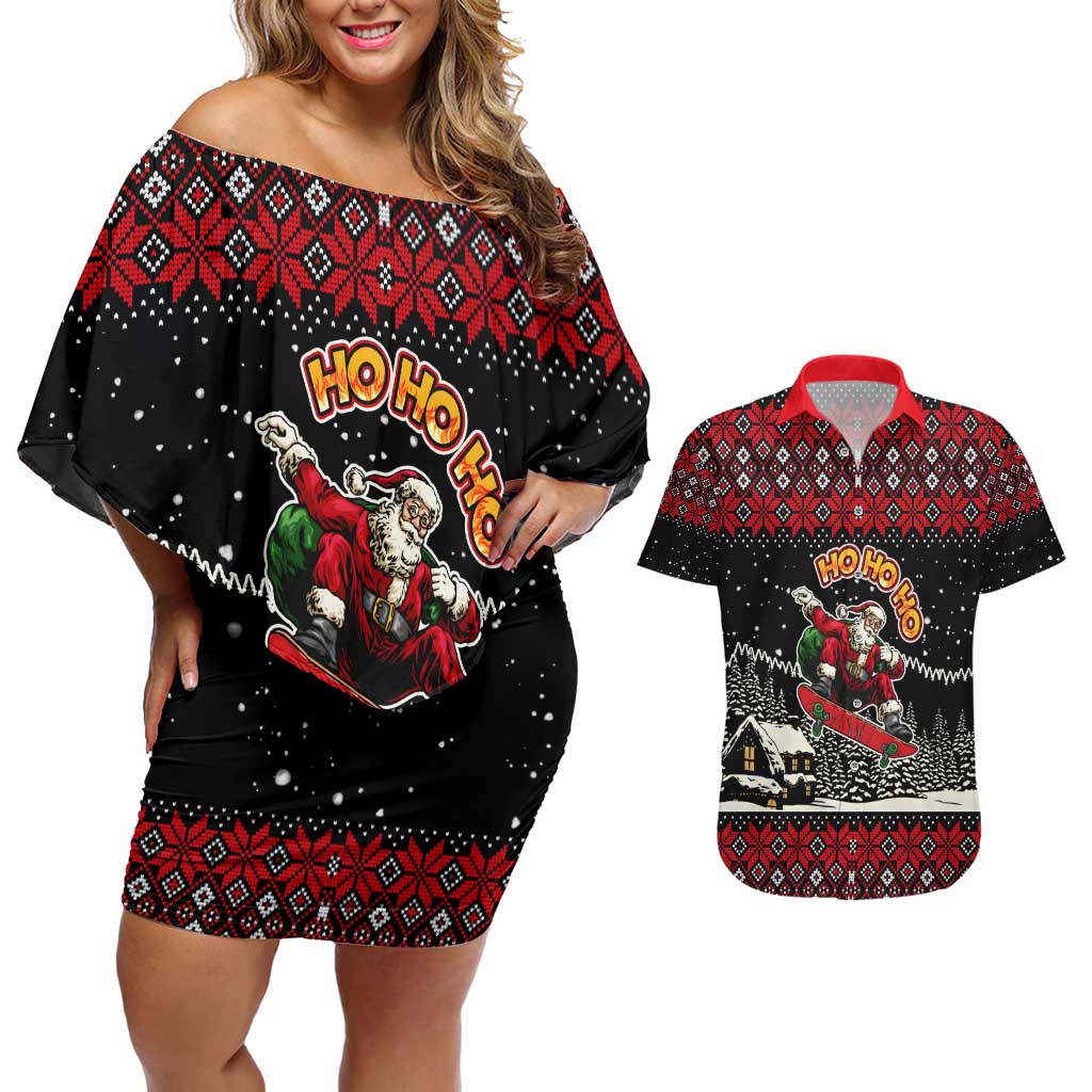 Skater Santa Claus Ho Ho Ho Christmas Couples Matching Off Shoulder Short Dress and Hawaiian Shirt Xmas Holiday Patterns - Wonder Print Shop