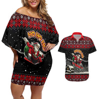 Skater Santa Claus Ho Ho Ho Christmas Couples Matching Off Shoulder Short Dress and Hawaiian Shirt Xmas Holiday Patterns - Wonder Print Shop