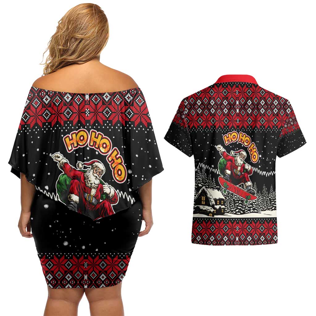 Skater Santa Claus Ho Ho Ho Christmas Couples Matching Off Shoulder Short Dress and Hawaiian Shirt Xmas Holiday Patterns - Wonder Print Shop