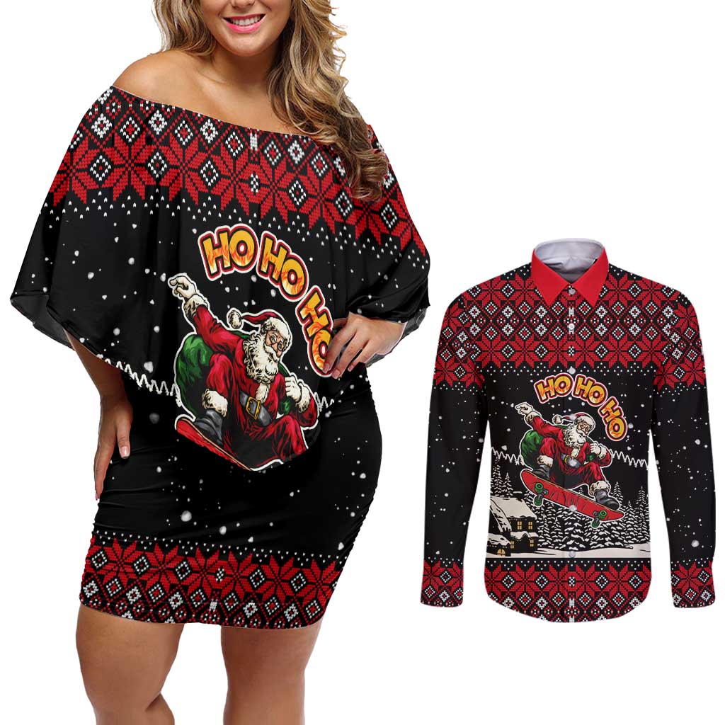 Skater Santa Claus Ho Ho Ho Christmas Couples Matching Off Shoulder Short Dress and Long Sleeve Button Shirt Xmas Holiday Patterns - Wonder Print Shop