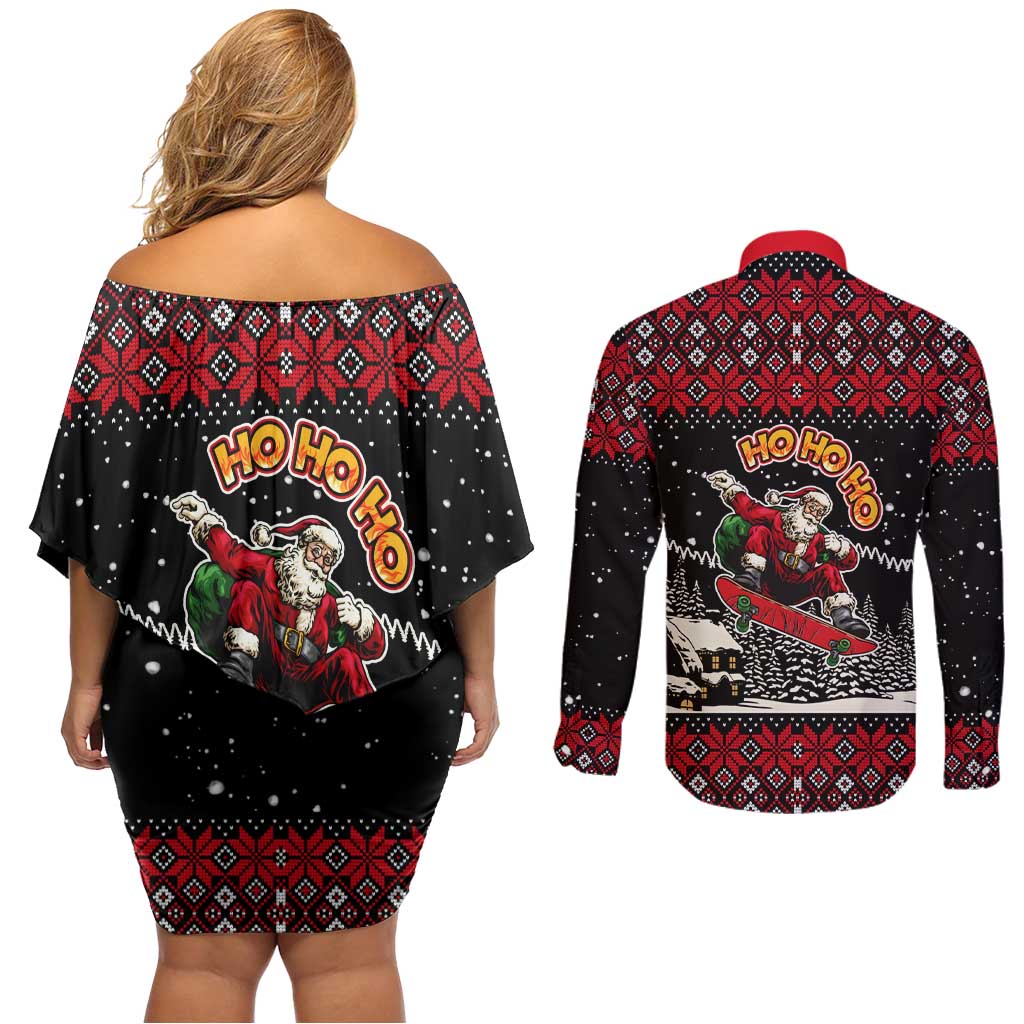 Skater Santa Claus Ho Ho Ho Christmas Couples Matching Off Shoulder Short Dress and Long Sleeve Button Shirt Xmas Holiday Patterns - Wonder Print Shop
