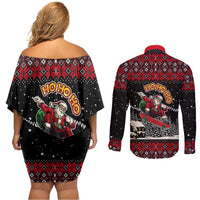 Skater Santa Claus Ho Ho Ho Christmas Couples Matching Off Shoulder Short Dress and Long Sleeve Button Shirt Xmas Holiday Patterns - Wonder Print Shop