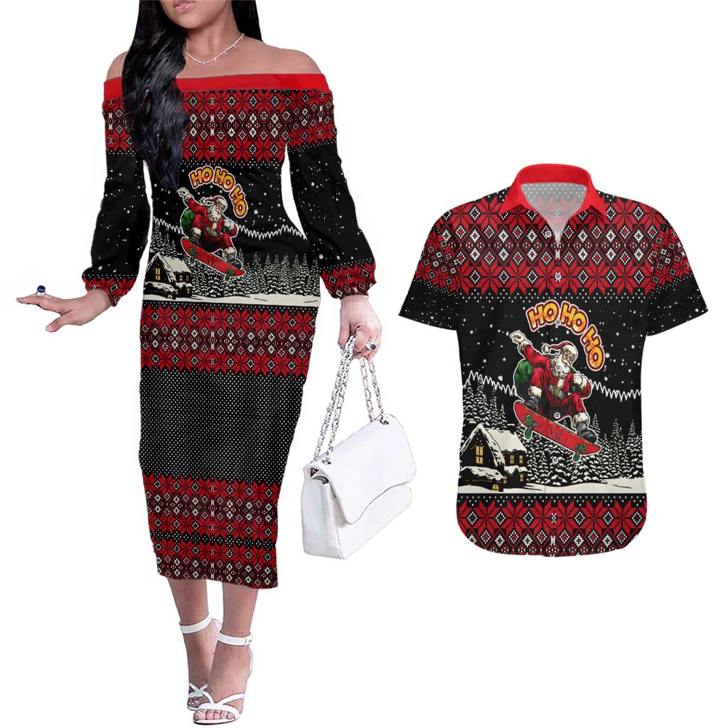 Skater Santa Claus Ho Ho Ho Christmas Couples Matching Off The Shoulder Long Sleeve Dress and Hawaiian Shirt Xmas Holiday Patterns - Wonder Print Shop