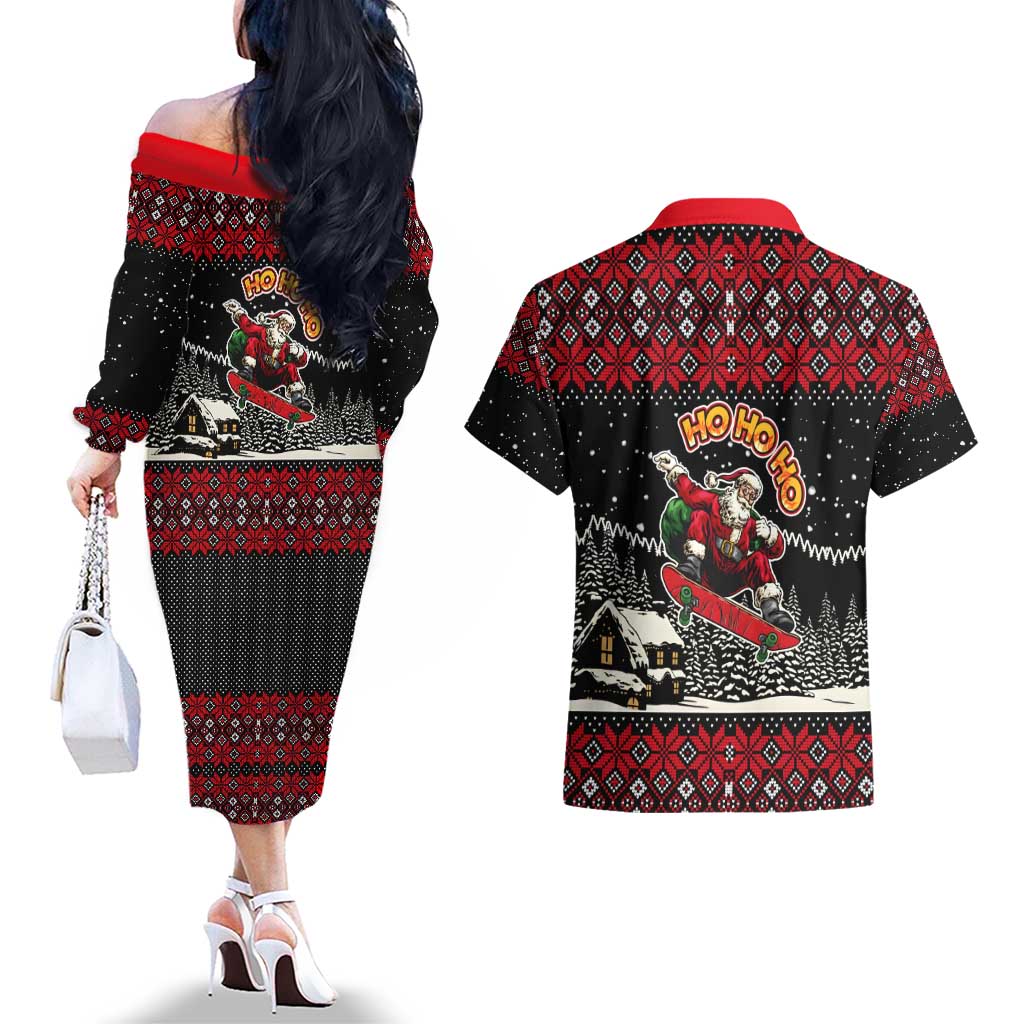 Skater Santa Claus Ho Ho Ho Christmas Couples Matching Off The Shoulder Long Sleeve Dress and Hawaiian Shirt Xmas Holiday Patterns - Wonder Print Shop
