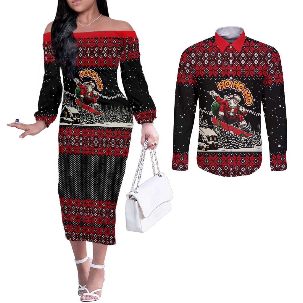 Skater Santa Claus Ho Ho Ho Christmas Couples Matching Off The Shoulder Long Sleeve Dress and Long Sleeve Button Shirt Xmas Holiday Patterns - Wonder Print Shop