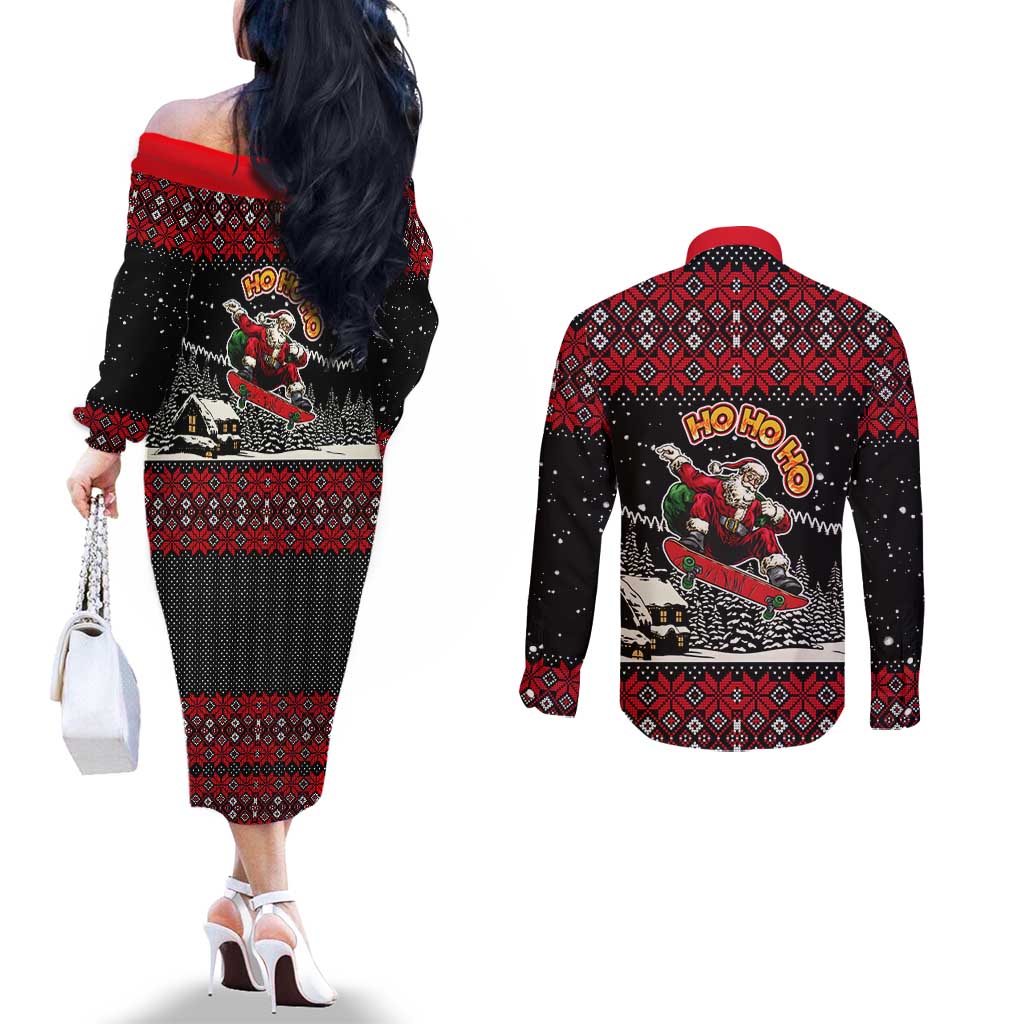 Skater Santa Claus Ho Ho Ho Christmas Couples Matching Off The Shoulder Long Sleeve Dress and Long Sleeve Button Shirt Xmas Holiday Patterns - Wonder Print Shop