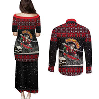 Skater Santa Claus Ho Ho Ho Christmas Couples Matching Puletasi and Long Sleeve Button Shirt Xmas Holiday Patterns - Wonder Print Shop