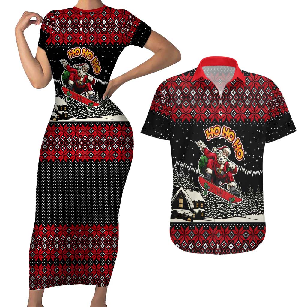 Skater Santa Claus Ho Ho Ho Christmas Couples Matching Short Sleeve Bodycon Dress and Hawaiian Shirt Xmas Holiday Patterns - Wonder Print Shop