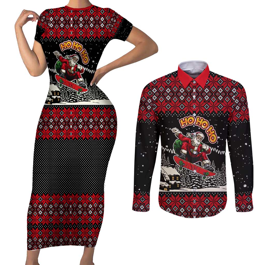 Skater Santa Claus Ho Ho Ho Christmas Couples Matching Short Sleeve Bodycon Dress and Long Sleeve Button Shirt Xmas Holiday Patterns - Wonder Print Shop