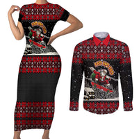 Skater Santa Claus Ho Ho Ho Christmas Couples Matching Short Sleeve Bodycon Dress and Long Sleeve Button Shirt Xmas Holiday Patterns - Wonder Print Shop