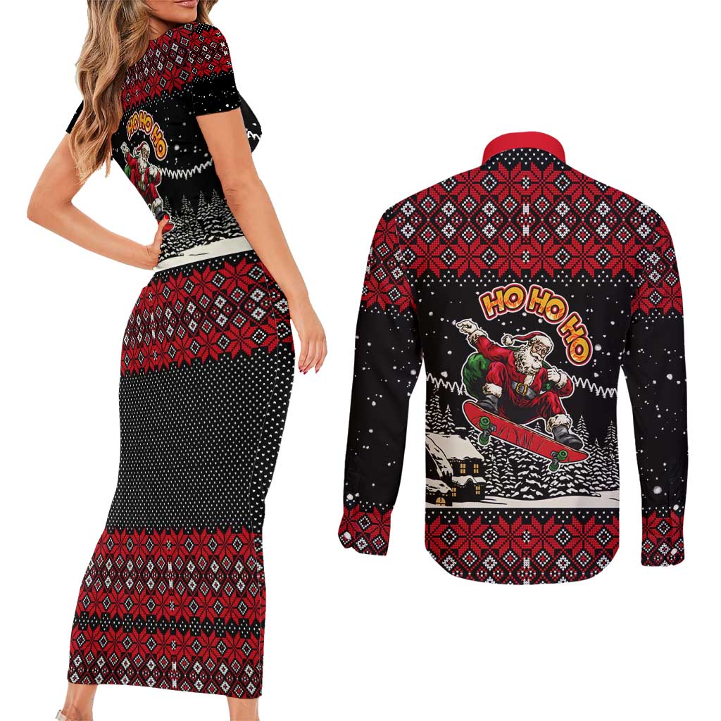 Skater Santa Claus Ho Ho Ho Christmas Couples Matching Short Sleeve Bodycon Dress and Long Sleeve Button Shirt Xmas Holiday Patterns - Wonder Print Shop
