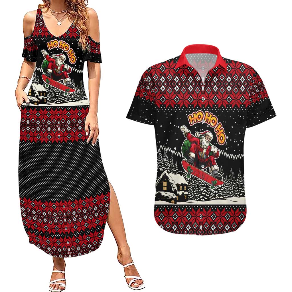 Skater Santa Claus Ho Ho Ho Christmas Couples Matching Summer Maxi Dress and Hawaiian Shirt Xmas Holiday Patterns - Wonder Print Shop