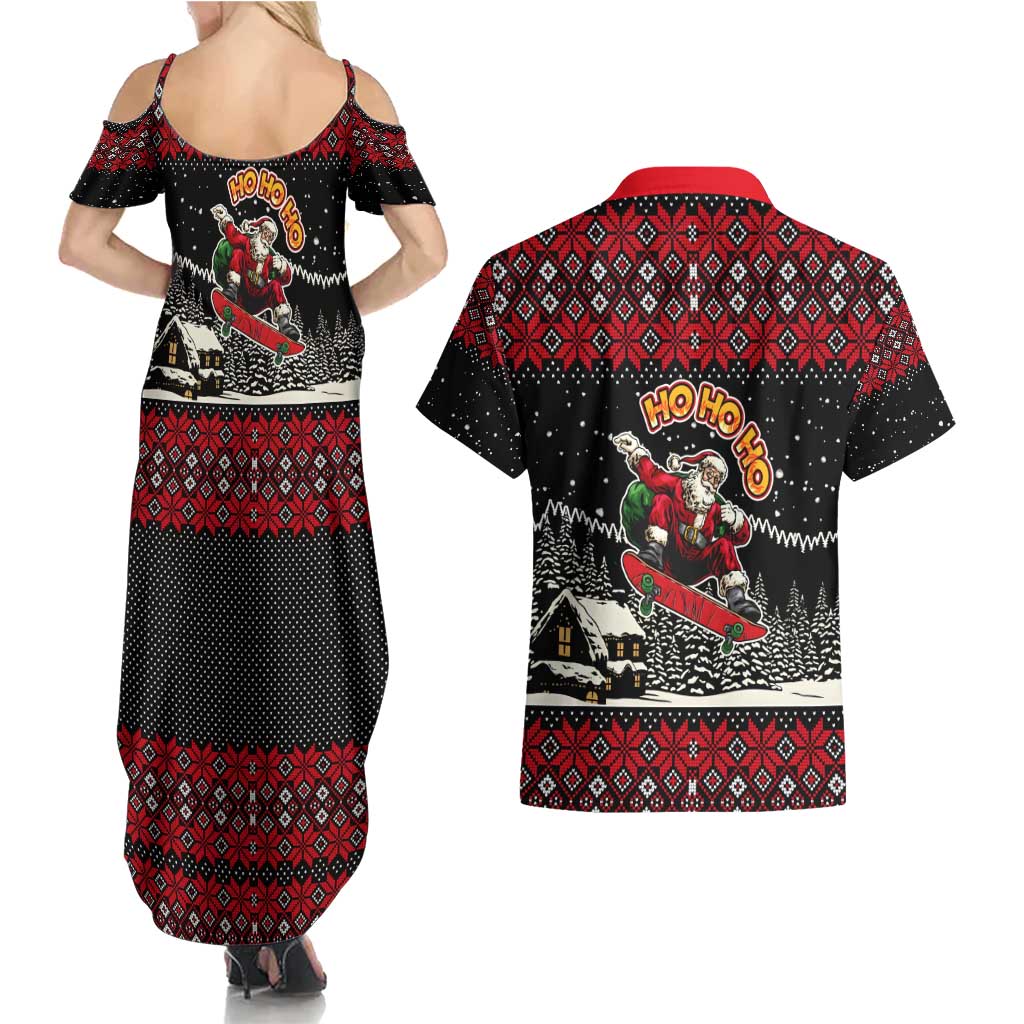 Skater Santa Claus Ho Ho Ho Christmas Couples Matching Summer Maxi Dress and Hawaiian Shirt Xmas Holiday Patterns - Wonder Print Shop