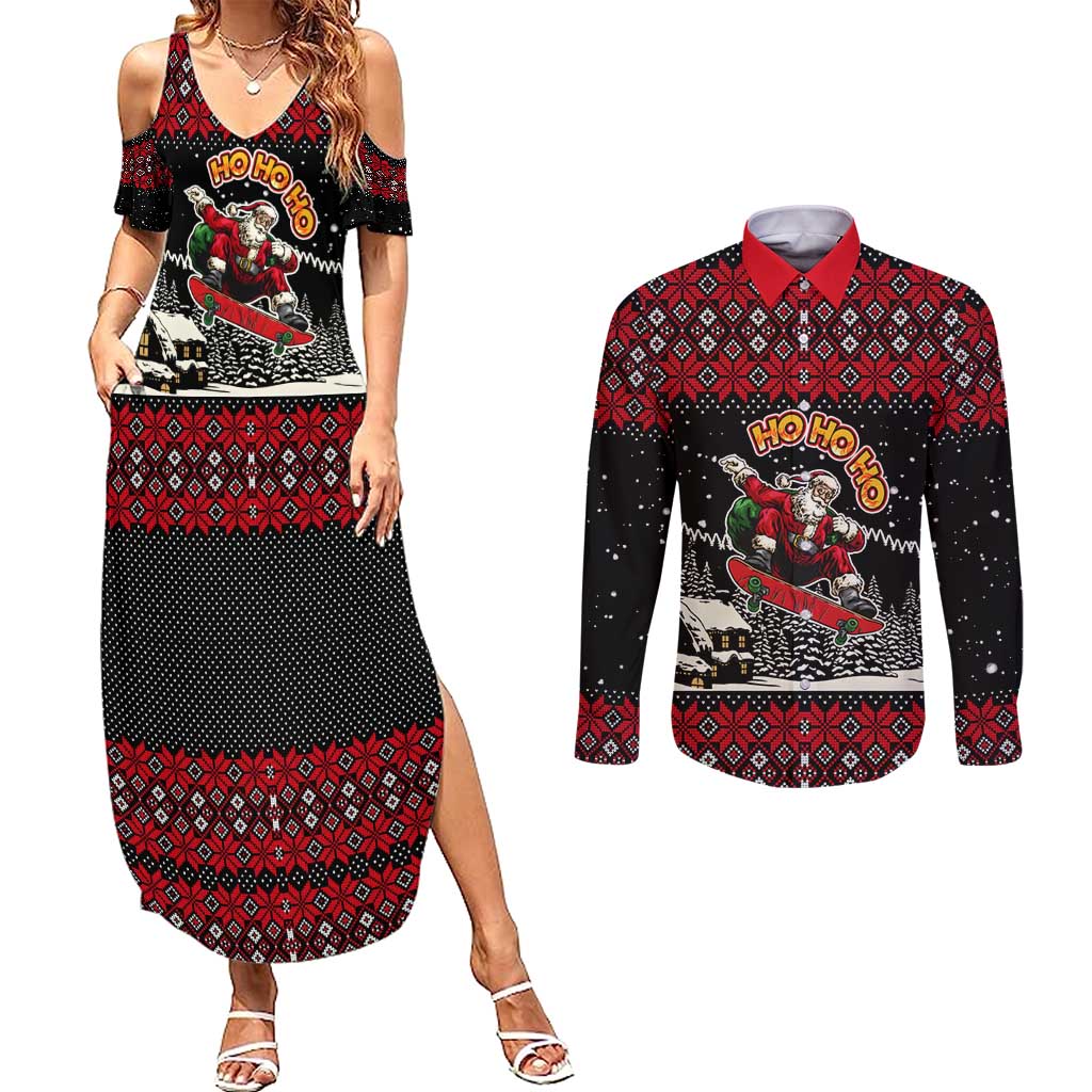 Skater Santa Claus Ho Ho Ho Christmas Couples Matching Summer Maxi Dress and Long Sleeve Button Shirt Xmas Holiday Patterns - Wonder Print Shop