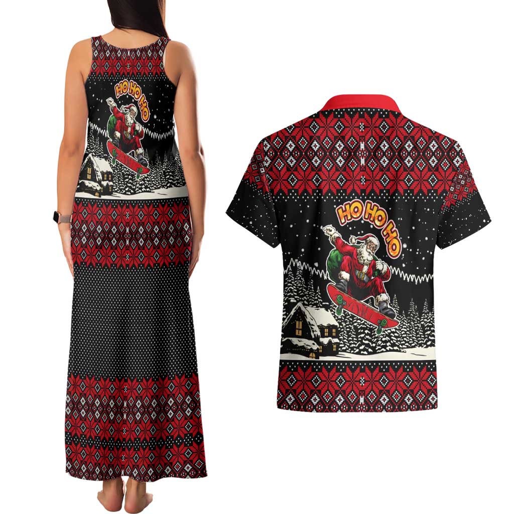 Skater Santa Claus Ho Ho Ho Christmas Couples Matching Tank Maxi Dress and Hawaiian Shirt Xmas Holiday Patterns - Wonder Print Shop
