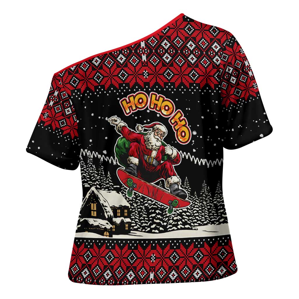 Skater Santa Claus Ho Ho Ho Christmas Cross Shoulder Shirt Xmas Holiday Patterns - Wonder Print Shop