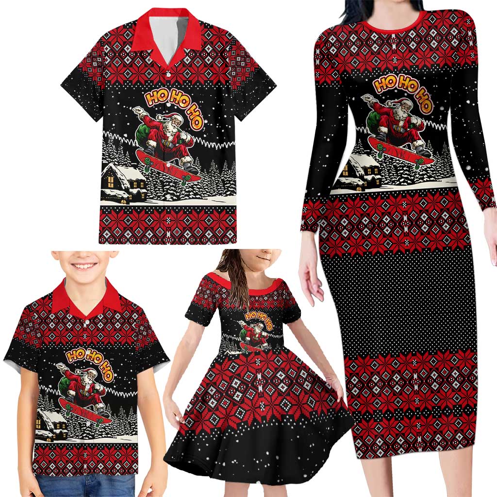 Skater Santa Claus Ho Ho Ho Christmas Family Matching Long Sleeve Bodycon Dress and Hawaiian Shirt Xmas Holiday Patterns - Wonder Print Shop