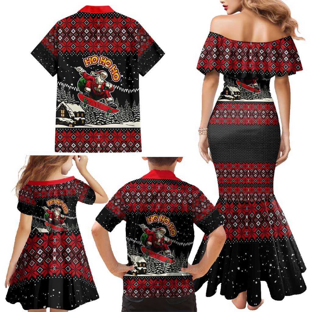 Skater Santa Claus Ho Ho Ho Christmas Family Matching Mermaid Dress and Hawaiian Shirt Xmas Holiday Patterns - Wonder Print Shop