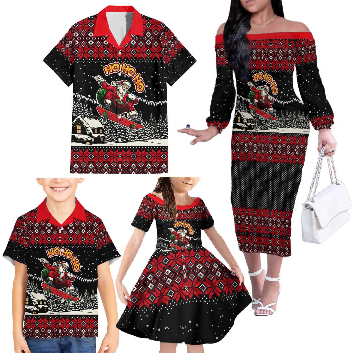 Skater Santa Claus Ho Ho Ho Christmas Family Matching Off The Shoulder Long Sleeve Dress and Hawaiian Shirt Xmas Holiday Patterns - Wonder Print Shop