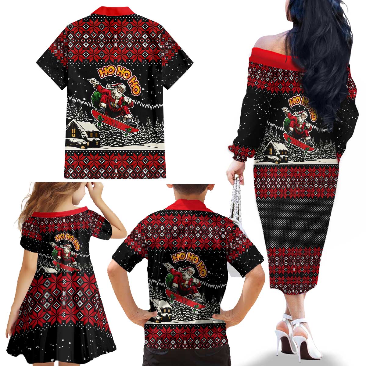 Skater Santa Claus Ho Ho Ho Christmas Family Matching Off The Shoulder Long Sleeve Dress and Hawaiian Shirt Xmas Holiday Patterns - Wonder Print Shop