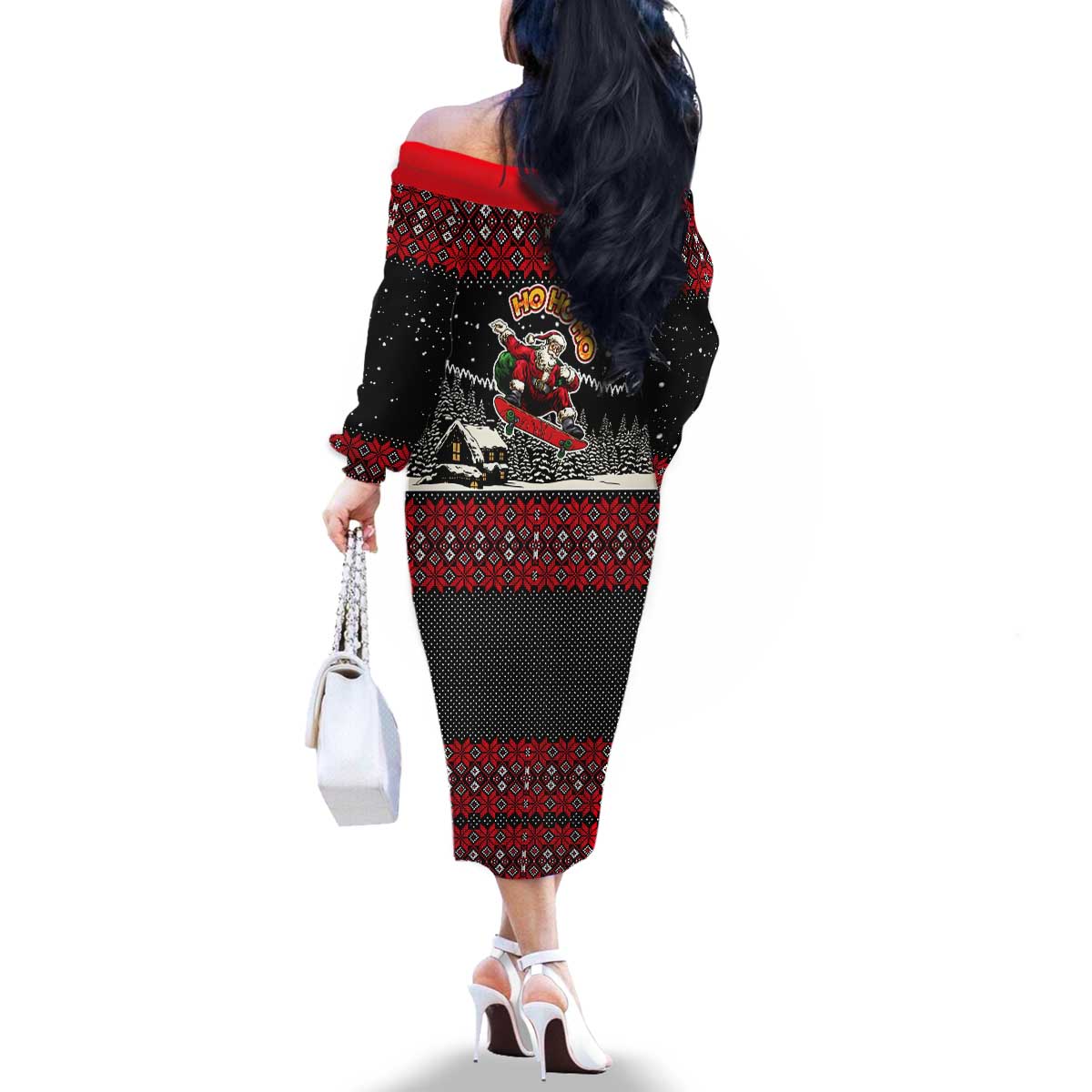 Skater Santa Claus Ho Ho Ho Christmas Family Matching Off The Shoulder Long Sleeve Dress and Hawaiian Shirt Xmas Holiday Patterns - Wonder Print Shop