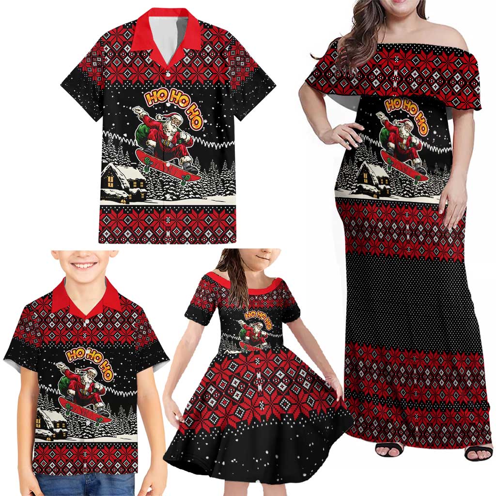 Skater Santa Claus Ho Ho Ho Christmas Family Matching Off Shoulder Maxi Dress and Hawaiian Shirt Xmas Holiday Patterns - Wonder Print Shop