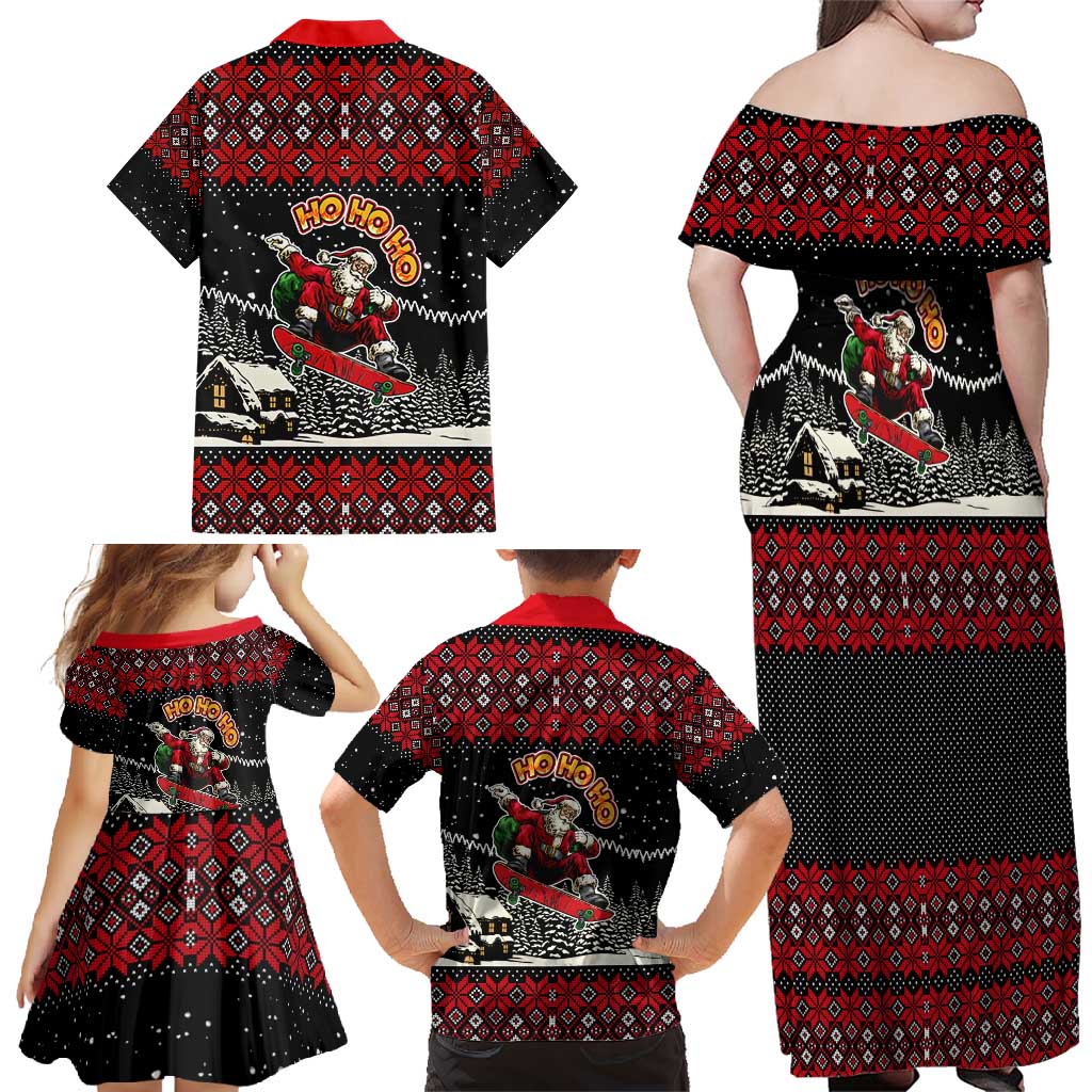 Skater Santa Claus Ho Ho Ho Christmas Family Matching Off Shoulder Maxi Dress and Hawaiian Shirt Xmas Holiday Patterns - Wonder Print Shop