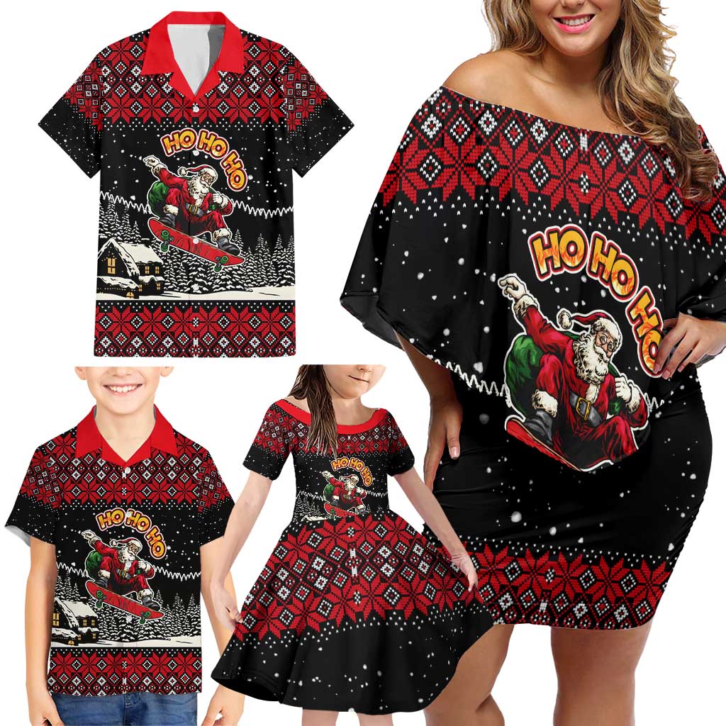 Skater Santa Claus Ho Ho Ho Christmas Family Matching Off Shoulder Short Dress and Hawaiian Shirt Xmas Holiday Patterns - Wonder Print Shop