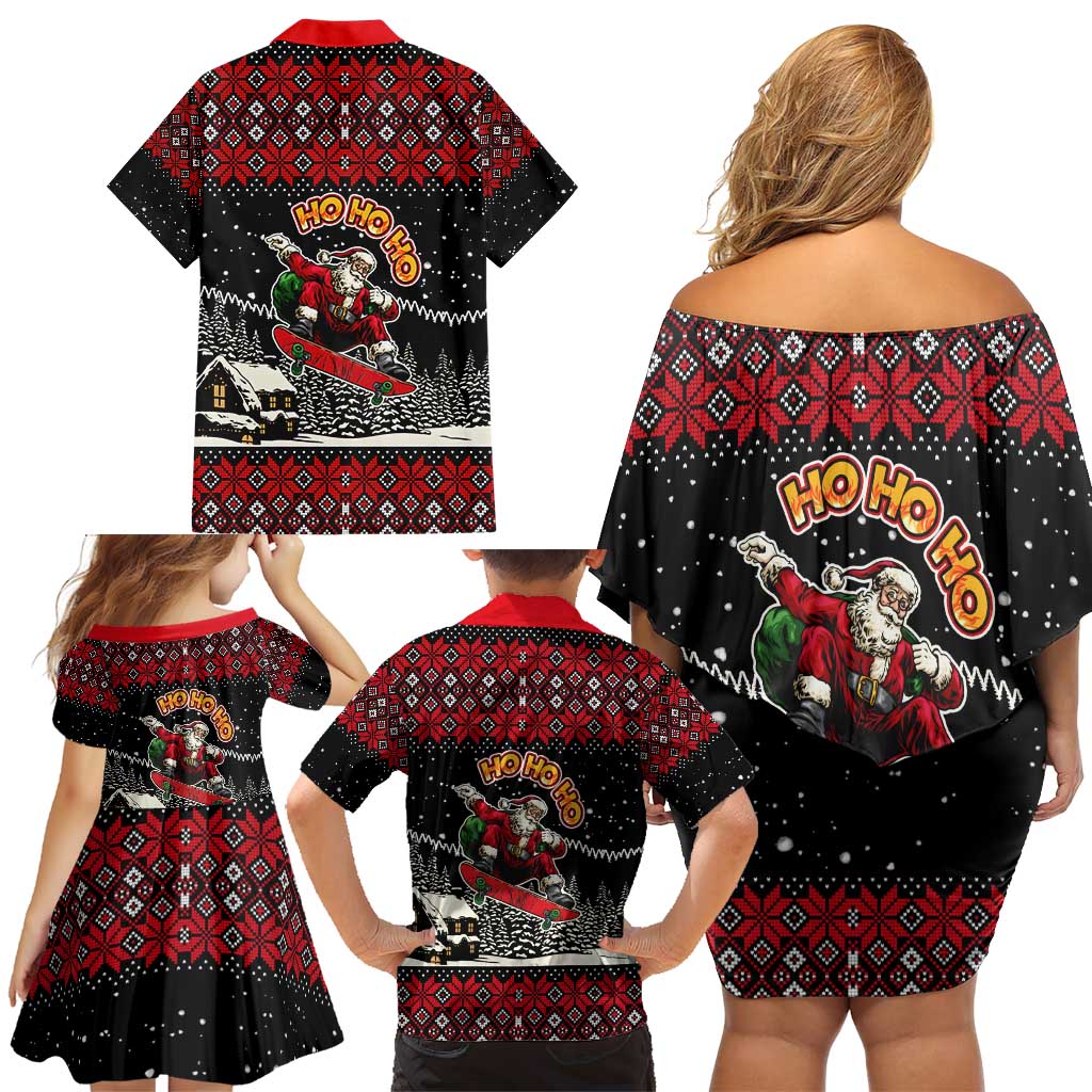 Skater Santa Claus Ho Ho Ho Christmas Family Matching Off Shoulder Short Dress and Hawaiian Shirt Xmas Holiday Patterns - Wonder Print Shop