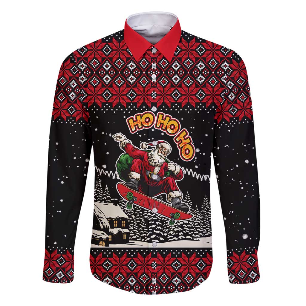 Skater Santa Claus Ho Ho Ho Christmas Family Matching Off Shoulder Short Dress and Hawaiian Shirt Xmas Holiday Patterns - Wonder Print Shop